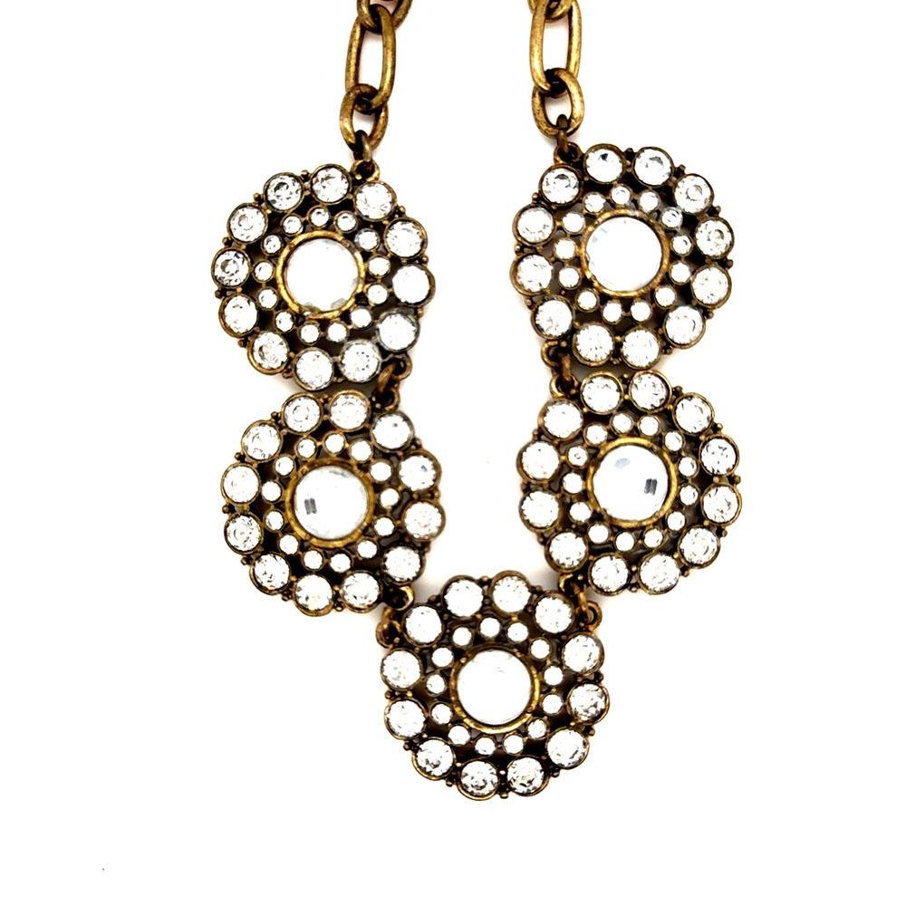 J.Crew Gold Tone Crystal Floral Medallion Statement Bib Necklace 18-21"